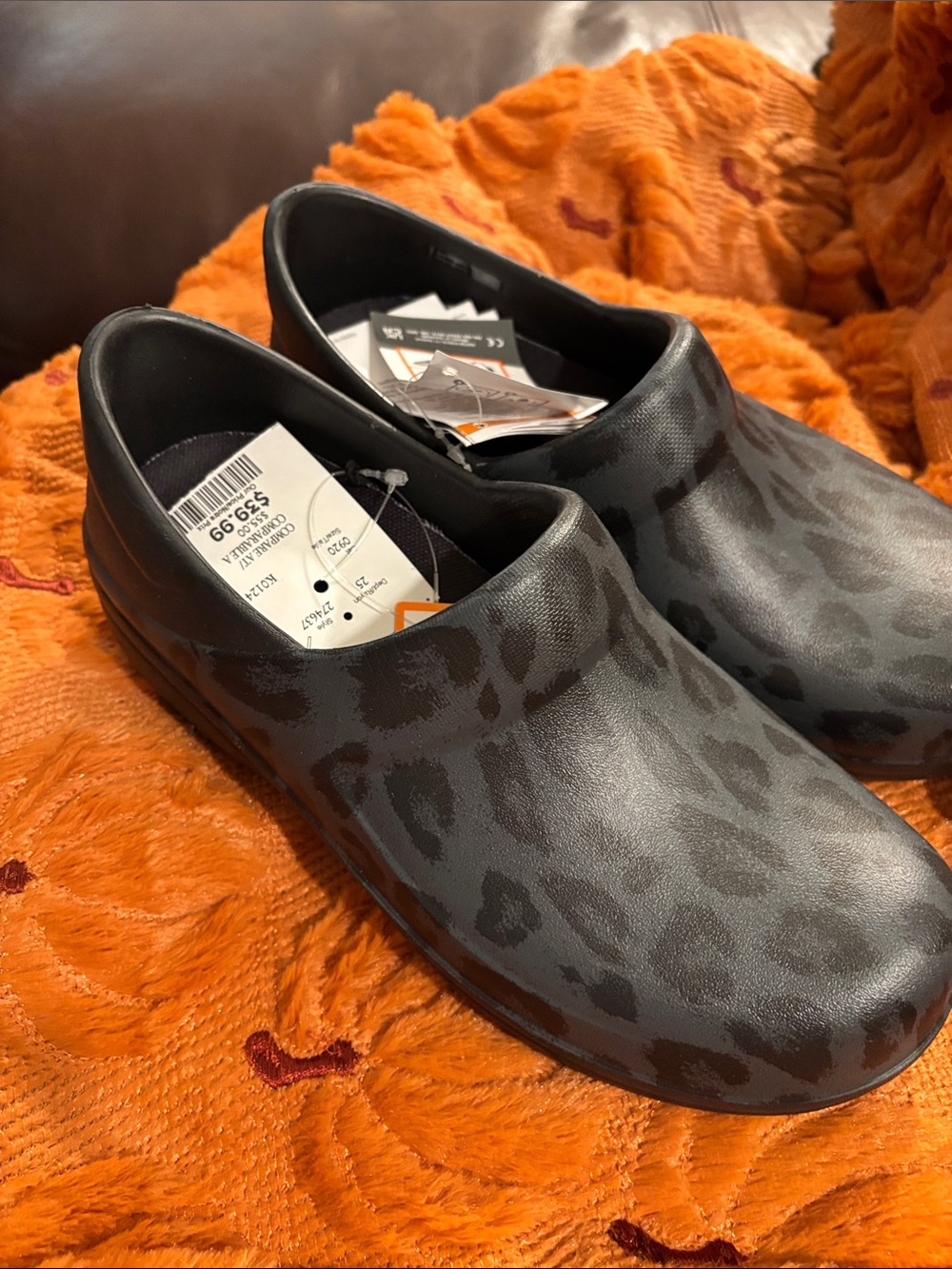 CROCS Women's Black Leopard-Print Slip-On Clogs
